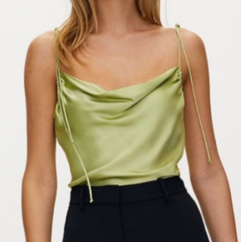 Aritzia Allusion cowl neck tie satin camisole slip top in Pastel Green